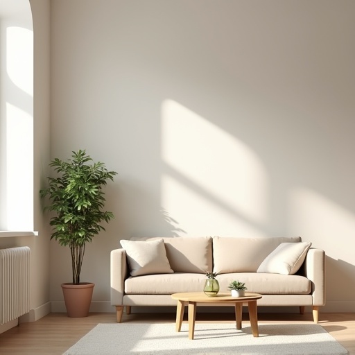 Rendering of a minimalist living room. Beige sofa placed in front of a white wall. Small wooden coffee table with a potted plant on it. Radiator visible in the background. Soft shadows from the window create a serene atmosphere.