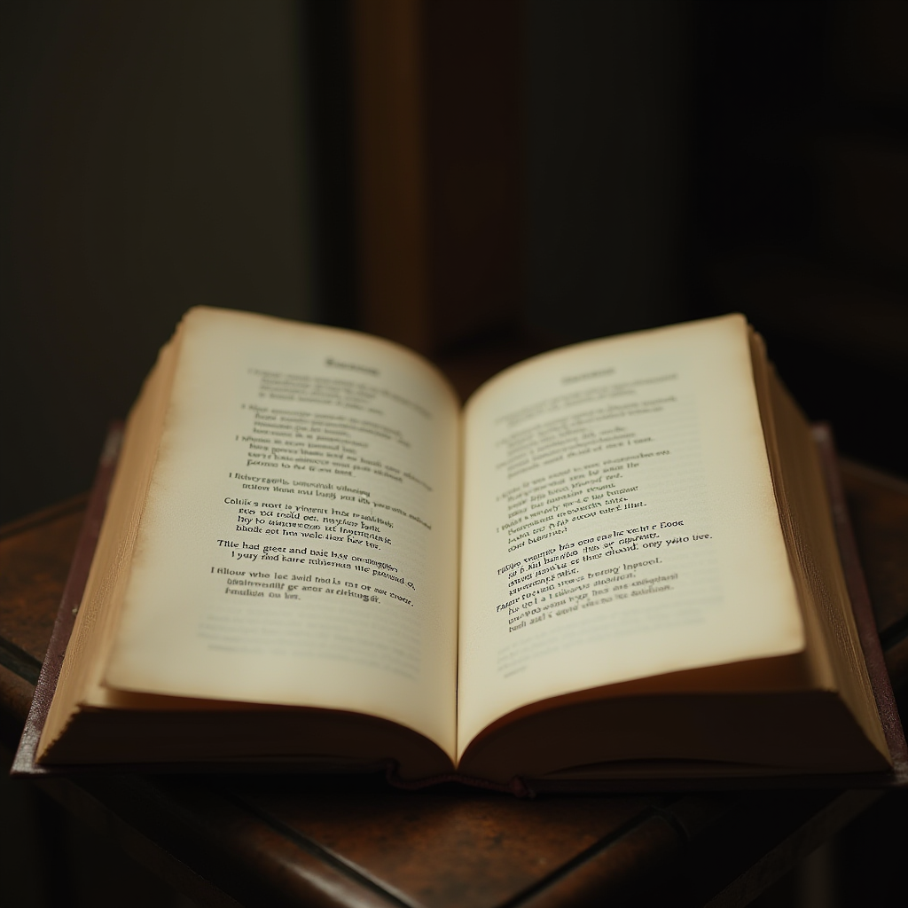 The image depicts an open book placed on a rustic wooden surface. The focus is on the pages, which appear to be filled with poetry or prose, presented in a two-column format. The lighting casts a warm, inviting glow, emphasizing the yellowed pages and black text. The surrounding atmosphere is dim, with attention drawn to the book as the central subject. The book is positioned at an angle, lending a dynamic depth to the composition, and evoking a sense of timelessness and introspection.