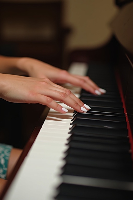 Image shows a young woman playing piano with her hands. Focus on hands positioned over piano keys. White nail polish on fingertips. Soft indoor lighting accentuates scene. Close-up view captures music and artistry.