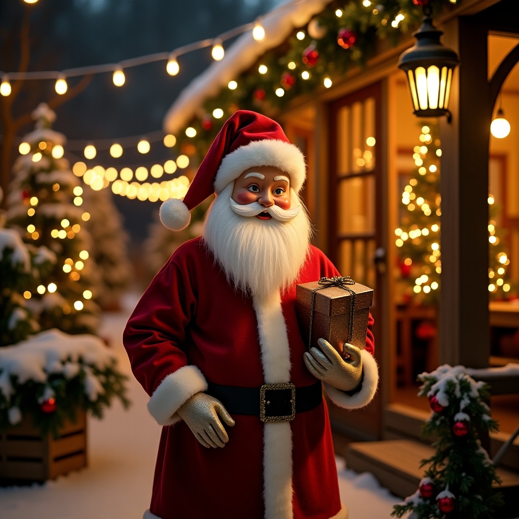 Portrait of a festive character in a holiday setting. A person dressed in a red outfit with white trim holds a gift. Soft lights decorate the house in the background. The scene evokes a cozy winter atmosphere.