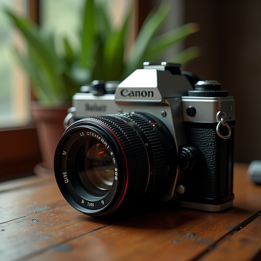 A vintage Canon camera with a distinctive lens, placed on a wooden table, with blurred greenery in the background.