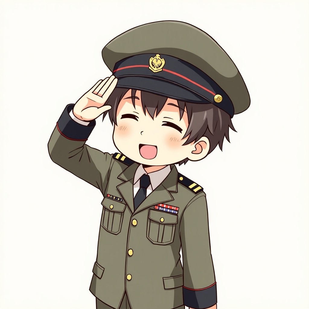 Anime illustration depicts a cute boy in military uniform smiling and saluting. Character shows an OwO expression with a cheerful demeanor.