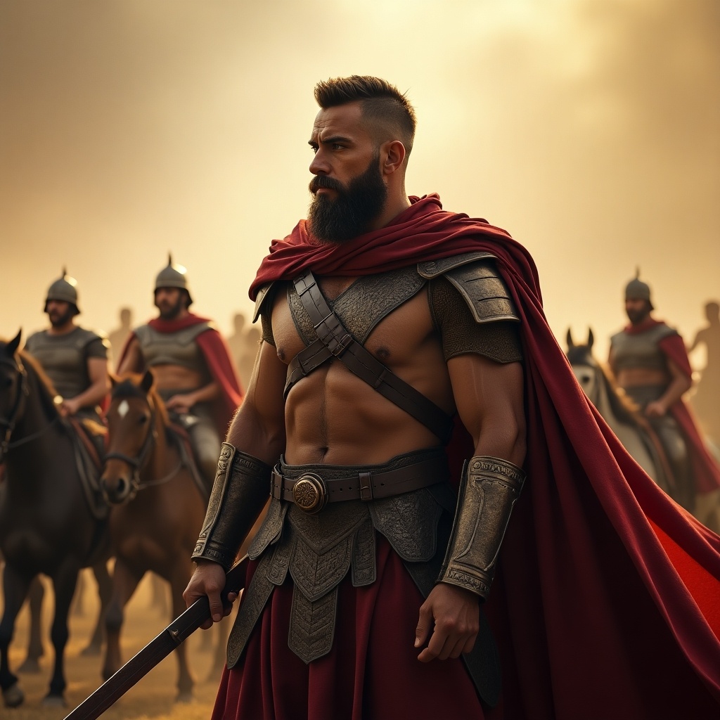 Strong warrior poised for battle in historical epic setting. Focus on warrior's armor and weapon. Group of soldiers in background ready for battle. Emphasis on strength and drama.