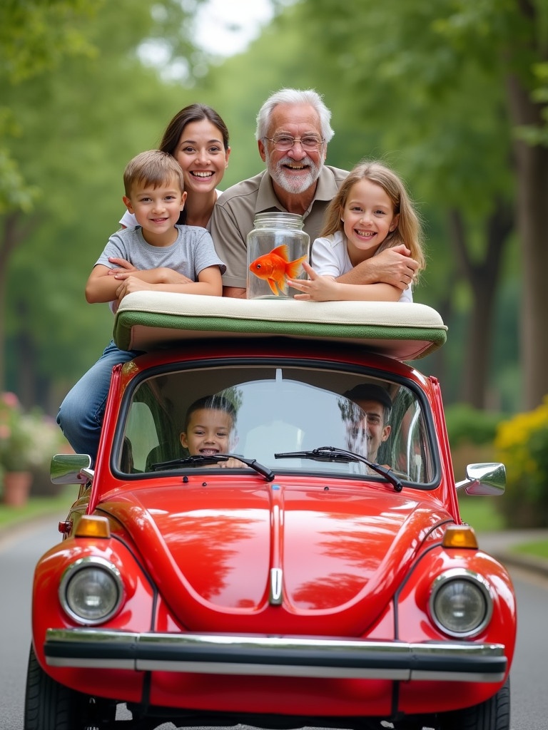 Family riding in a bright red car. Family includes father mother young son little daughter. Grandfather sits on the roof of the car. Holding a glass jar with a red goldfish. Captured from the front view showcasing joy. Background features a serene park with lush green trees. Overall atmosphere is colorful and full of happiness.