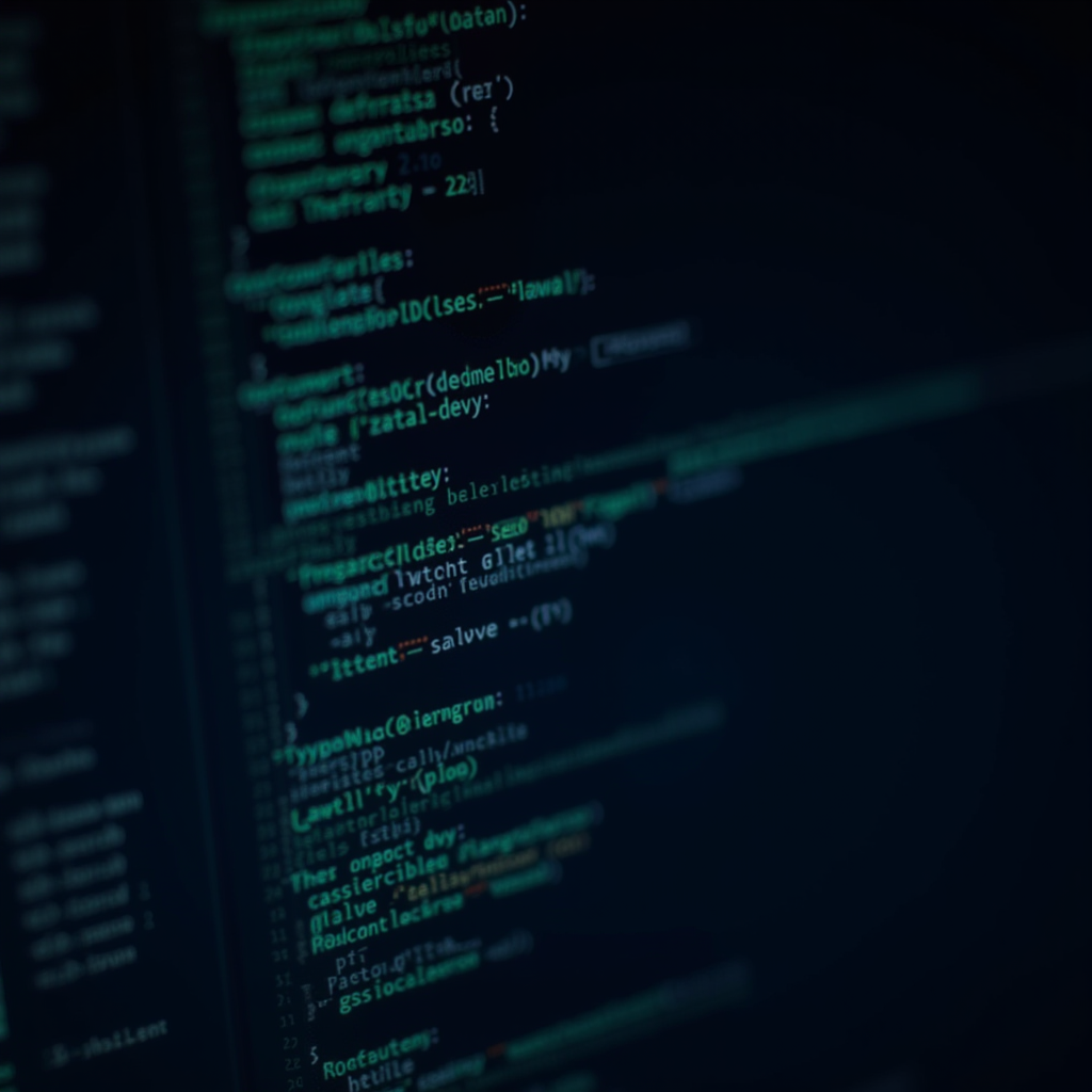 A close-up of computer code on a dark screen with colorful syntax highlighting.