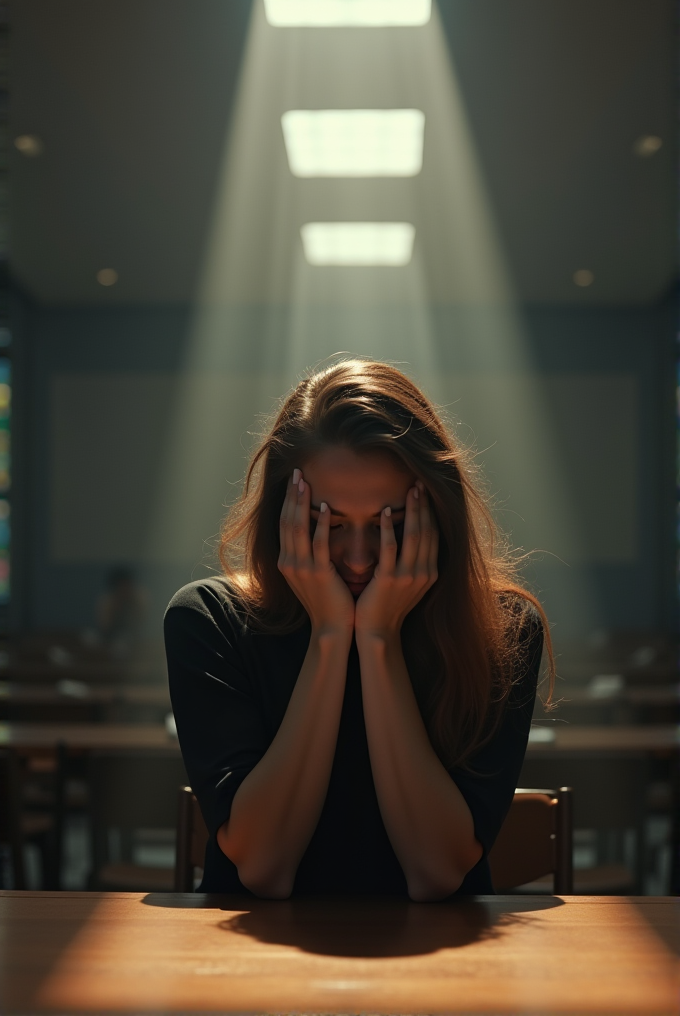 A person sits alone at a table in a dimly lit room, with rays of light illuminating their figure.