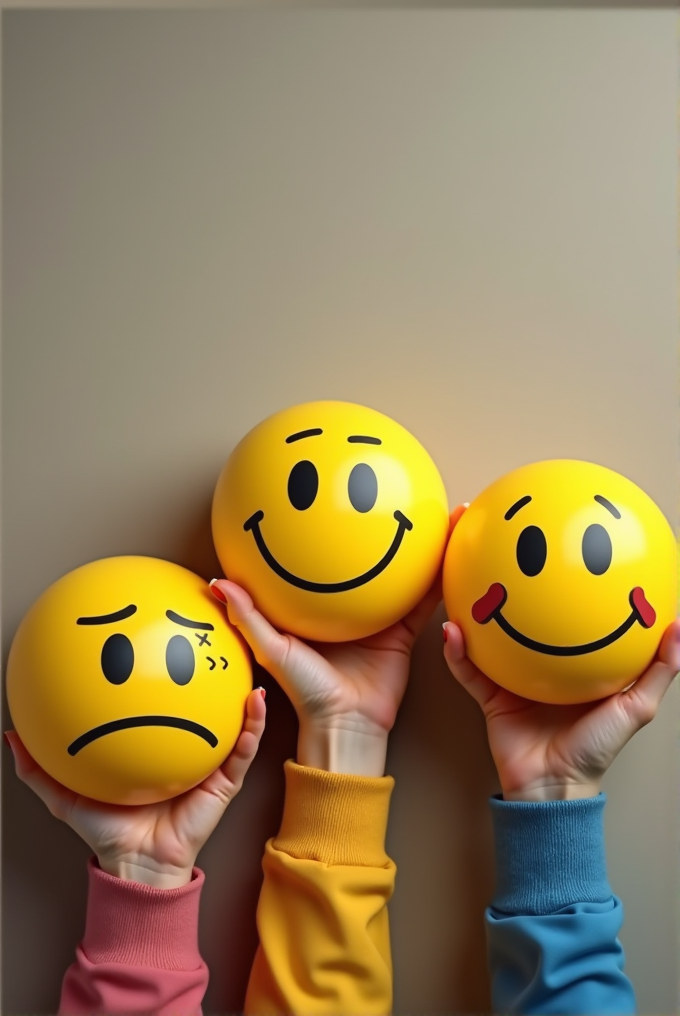 Three hands hold round, yellow emoticons showing different facial expressions.