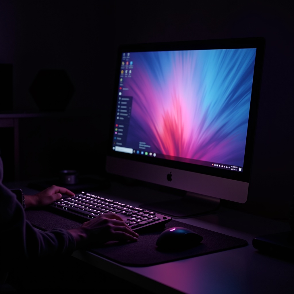 A computer with a vibrant, colorful screen glows softly in a dimly lit room. The screen displays a blend of pink and blue colors, creating a beautiful visual effect. In front of the computer, a sleek keyboard and a modern mouse sit on a black desk pad. The lighting creates a cozy atmosphere, perfect for late-night work or gaming sessions. This setup showcases a sophisticated and inviting workspace.