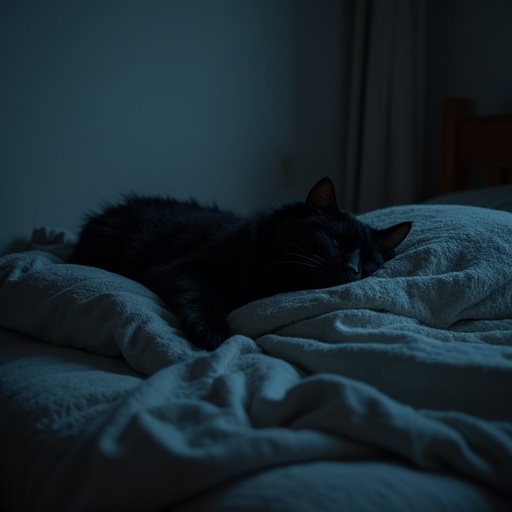 A dark bedroom with a person sleeping under a blanket and a black cat on the bed