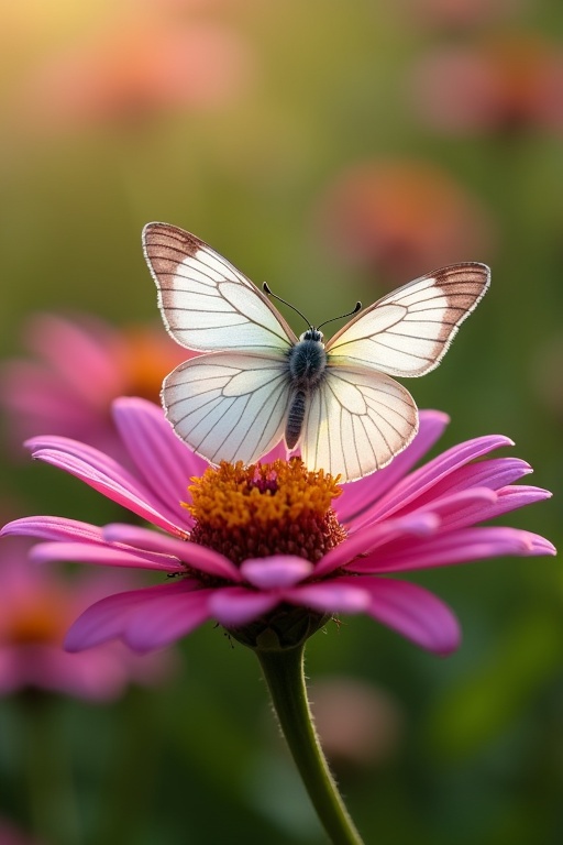 Butterfly with white and pink colors perches on a pink flower beneath sunlight in a garden setting.