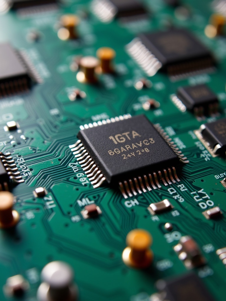 Close-up view of an electronic circuit board featuring microchips and various components visible with intricate details.