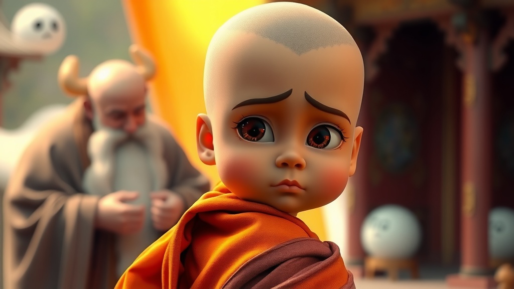 A cartoon monk with expressive eyes stands in a serene, possibly mystical setting.