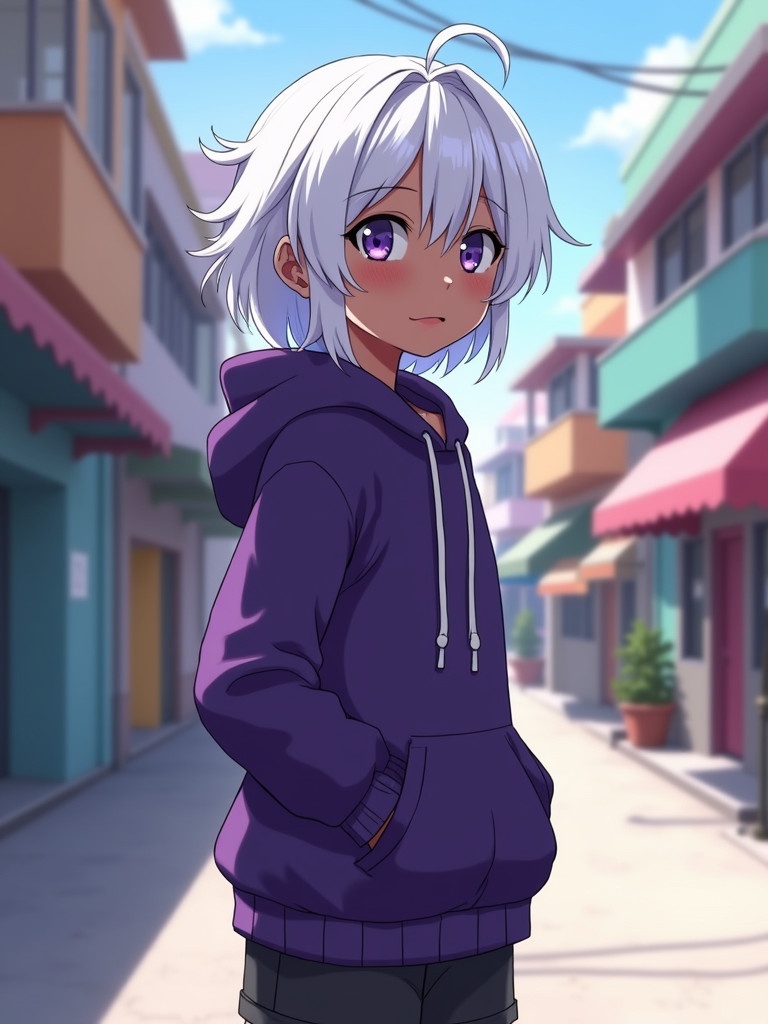 Anime character named Garth with purple and white hair. Character has purple eyes and dark skin. Portrayed in a colorful urban street. Wearing a purple hoodie. Emphasis on four angles: front view, side view, 3/4 view, and back view. Bright daylight enhances the scene.