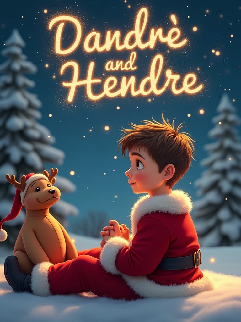 Festive scene featuring a boy dressed as Santa sitting with a reindeer toy. Background has snow-covered trees and twinkling lights. Text Dandré and Hendré in the sky.