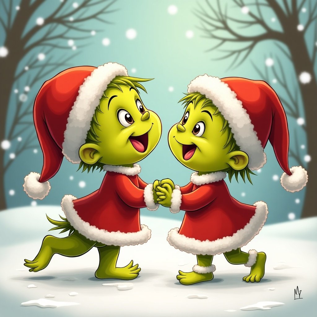 Animated baby Grinch characters in Santa hats celebrating in a winter setting.