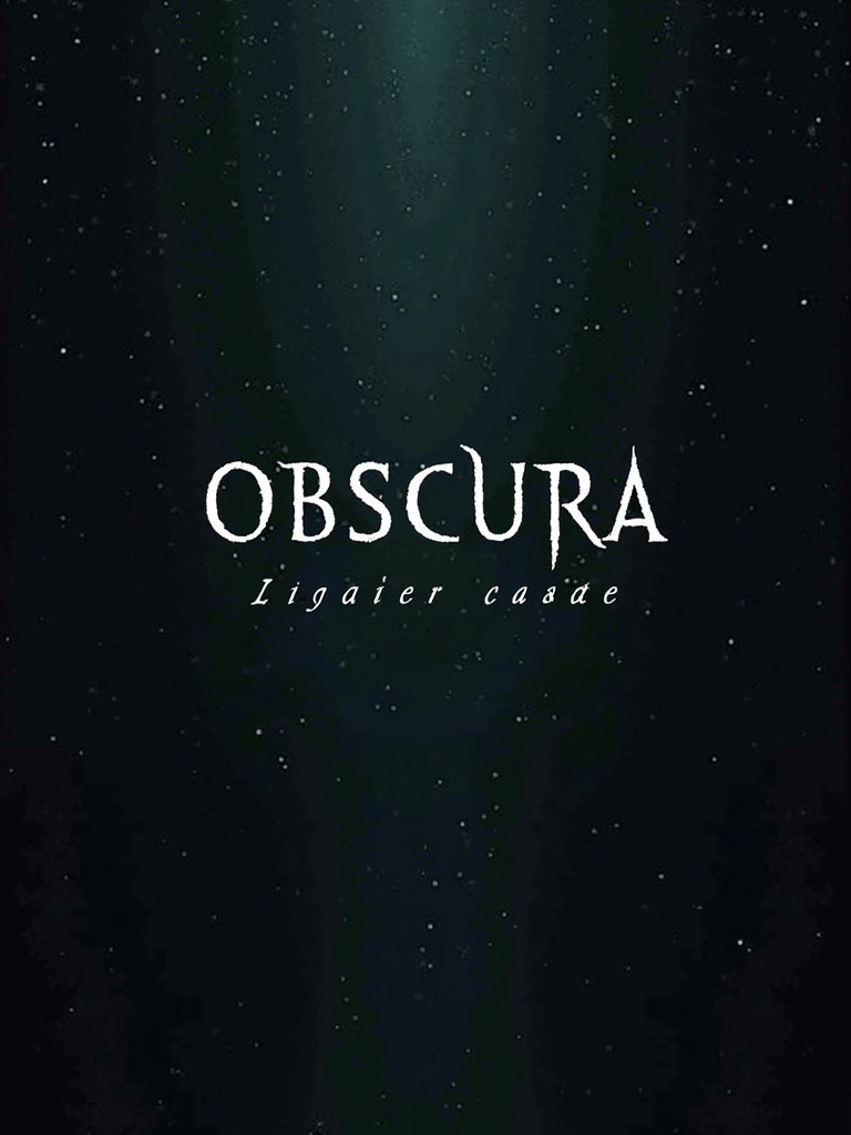 Image designed for loading screen of a word cypher game titled 'OBSCURA'. Dark background with a star-like glow. Title prominently displayed in white stylized letters. Overall atmosphere mysterious and engaging.