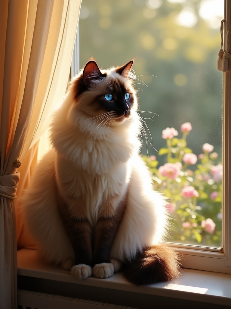 A majestic fluffy cat with striking blue eyes. Cat sits elegantly on a cozy windowsill. Golden sunlight filters through sheer curtains. Warm glow on its soft fur. Outside window, a peaceful garden with blooming flowers. Cat gazes calmly into the distance. Tail curled gracefully around paws. Exudes air of elegance and mystery.