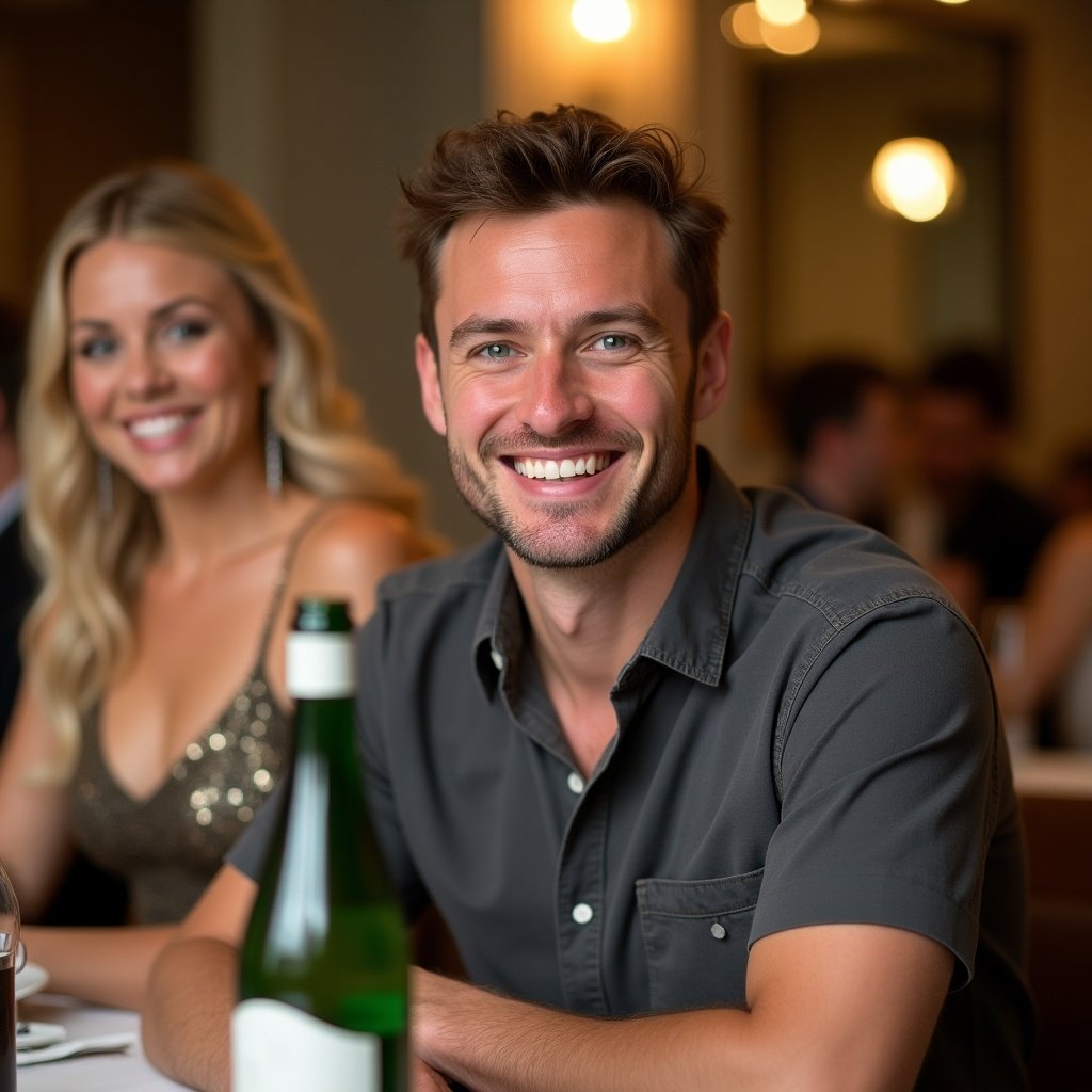 Man at a restaurant table. He has short brown hair and wears a gray shirt. Man smiles at the camera. A green bottle is in front of him. A woman with long light hair is in the background, wearing a shiny dress. Atmosphere is relaxed and social.