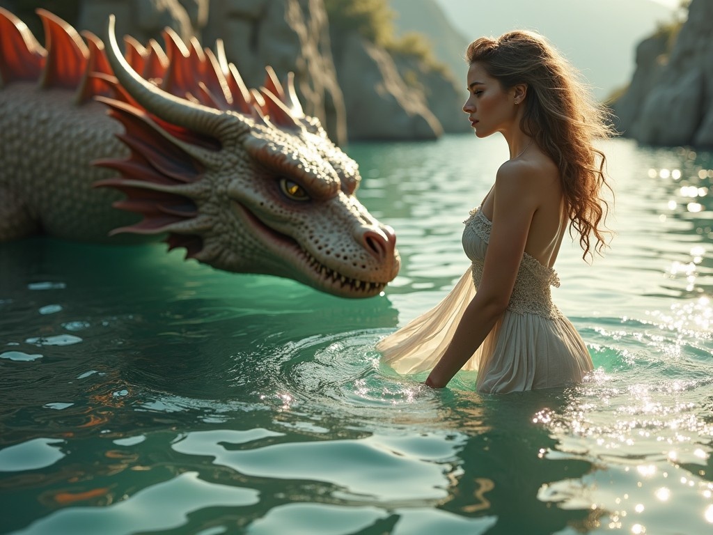 A gorgeous woman is standing in the water next to a dragon, depicted in a mesmerizing fantasy scene. The scene captures realistic detail, showcasing intricate textures on the dragon. The water glimmers with shades of teal and emerald green, enhancing the magical atmosphere. The light softly illuminates her face and the dragon's scales, creating an ethereal ambiance. This artwork, influenced by the styles of Theo Prins and Magewave, is a masterpiece poised to captivate any viewer, making it an ideal fit for fantasy exploration and imagination.