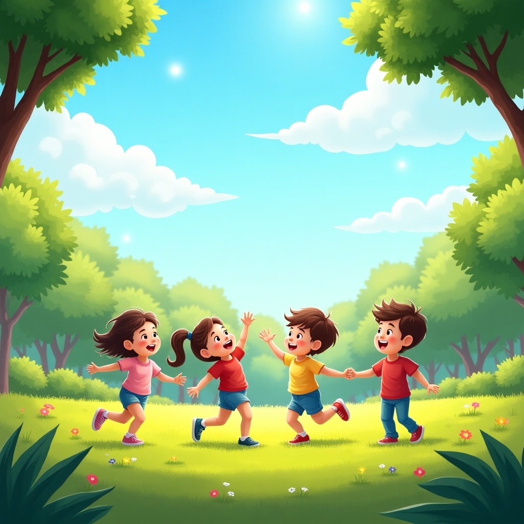 Children happily running and playing in a green park full of trees and flowers under a bright blue sky. The scene depicts joyfulness and freedom in a natural setting.