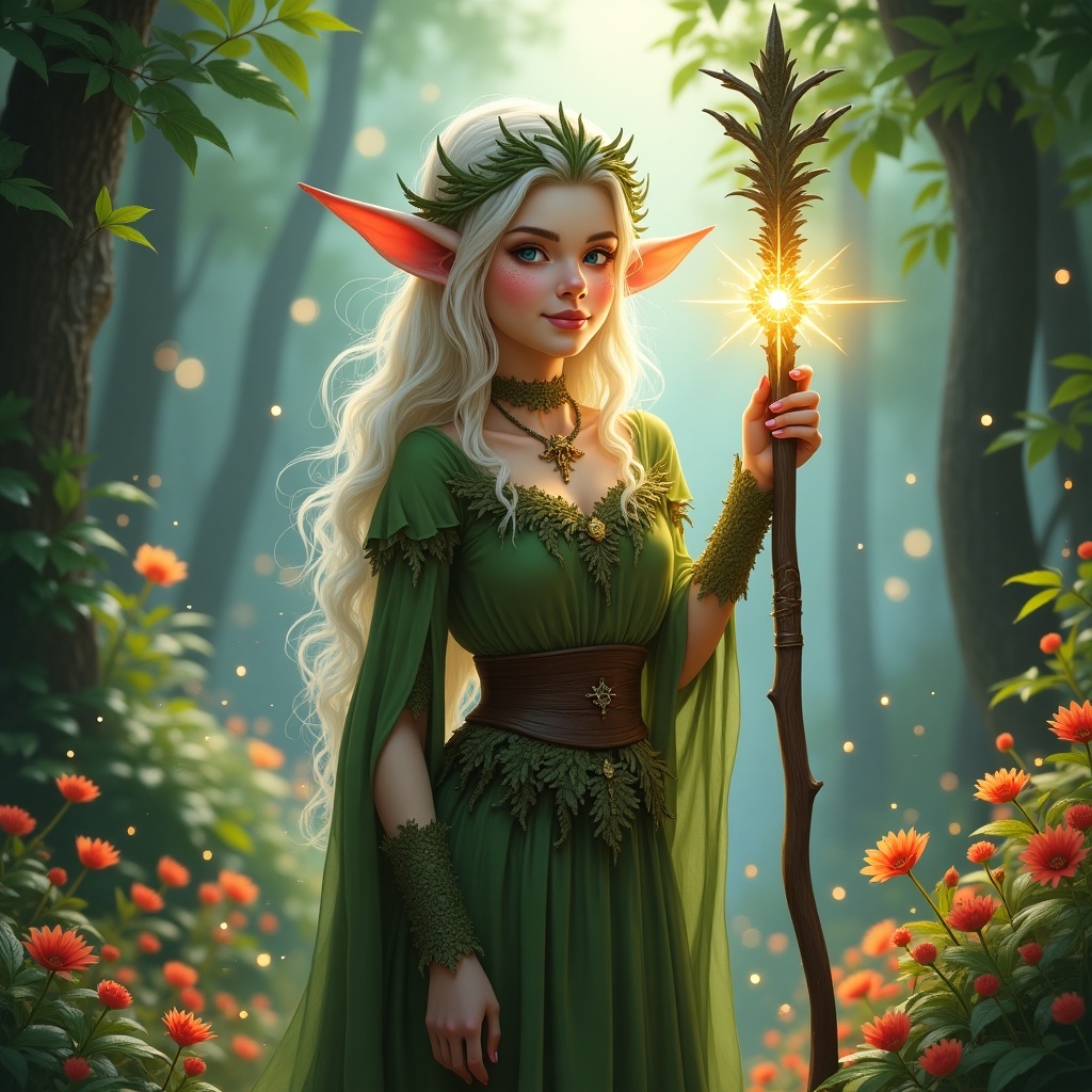 A captivating image of an elf standing in a lush forest. She has long, flowing blonde hair adorned with leaves and flowers. Her green dress blends seamlessly with the nature around her. In one hand, she holds a glowing staff that emits a warm light. The background showcases a dreamy forest atmosphere with soft light filtering through the trees.