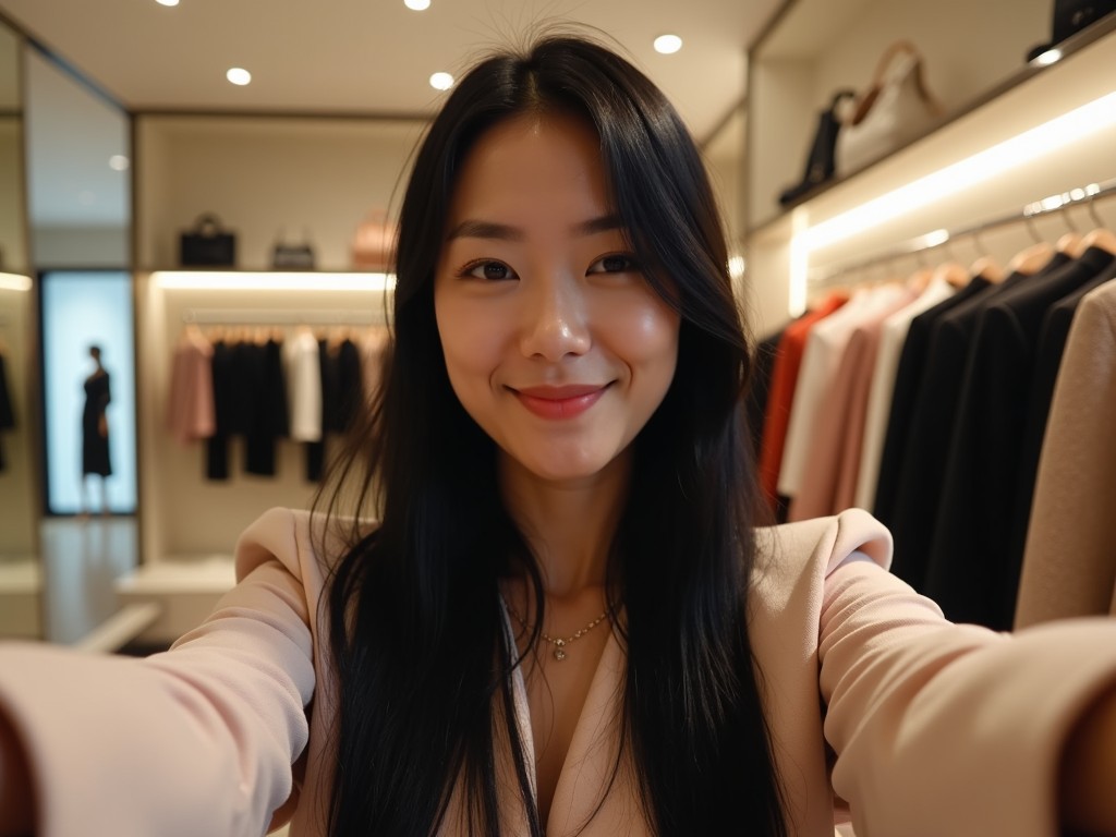 A female CEO from a Singapore-listed company is taking a selfie. She has a round face and long, straight black hair. Wearing high-end brand clothing, she stands in a luxurious clothing store in Los Angeles. The store features a variety of elegant garments in the background. The selfie captures both her confidence and the upscale shopping environment without any blur. The lighting enhances her features and the overall atmosphere.