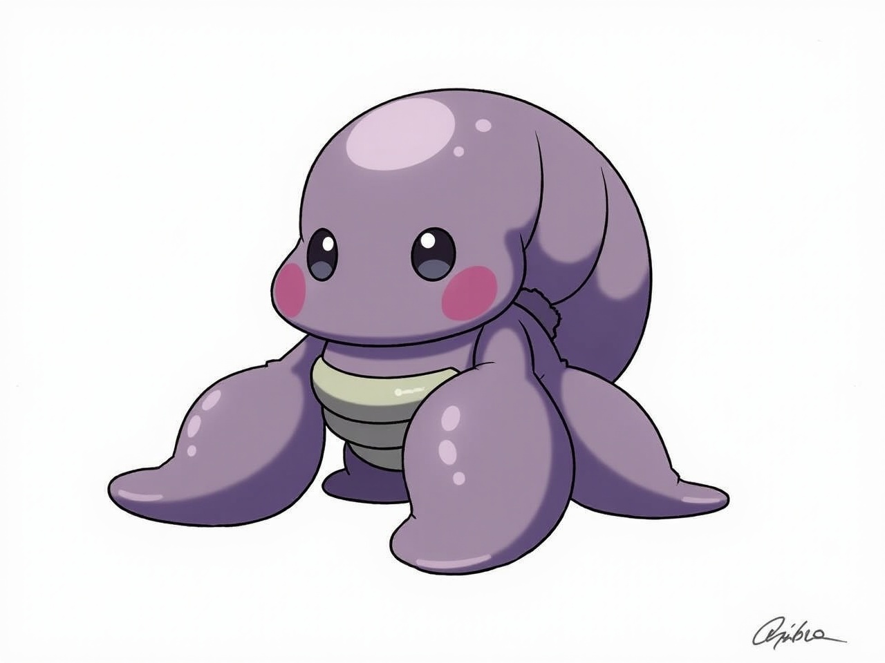 A chibi-style cartoon creature with large eyes and round features, colored in purple with pink cheeks.