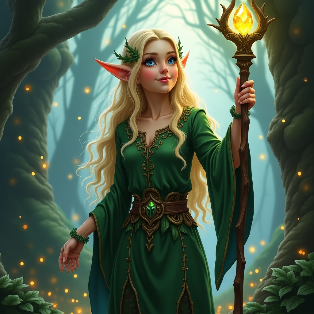 In a mystical forest, an elf stands gracefully, wearing a flowing green gown adorned with intricate designs. She has long, flowing blonde hair and pointed ears, showcasing her ethereal beauty. The elf is holding a glowing staff that radiates a warm light, illuminating her face. The background features towering trees and shimmering lights, creating a magical atmosphere. The overall scene captures a sense of wonder and adventure, inviting viewers into a realm of fantasy.