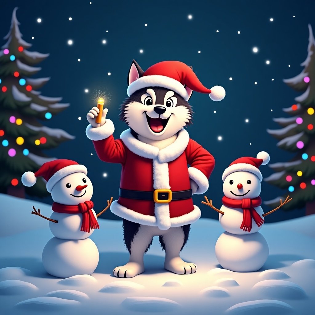 Image features a Husky in Santa hat and outfit with a glow stick. Two snowmen nearby. Winter scene with snow and dark night sky. Colorful lights on trees. Holiday-themed illustration incorporating cryptocurrency elements.