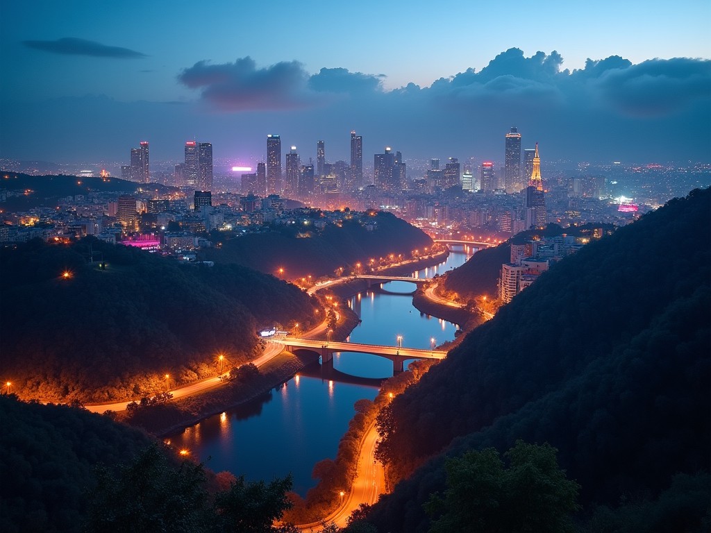 city skyline with river and bright lights at night