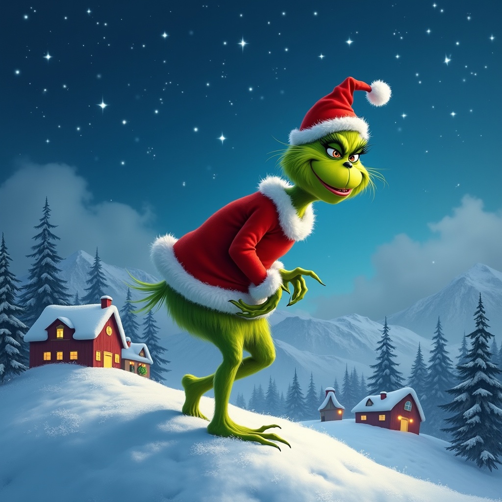 Grinch character in a Santa costume on snowy hill at night with houses in background and pine trees.