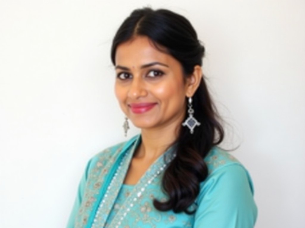 Portrait of a woman in traditional turquoise attire, smiling, with earrings, against a plain background.