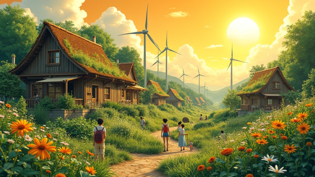 A flourishing Solarpunk landscape inspired by Studio Ghibli. Vibrant greenery and colorful wildflowers cover the field. People of diverse ages harvest fruits and plant seeds. Eco-homes with rooftop gardens and wind turbines are in the background. Warm golden sunlight creates a dreamy glow. Hand-drawn whimsical art style rich in detail.