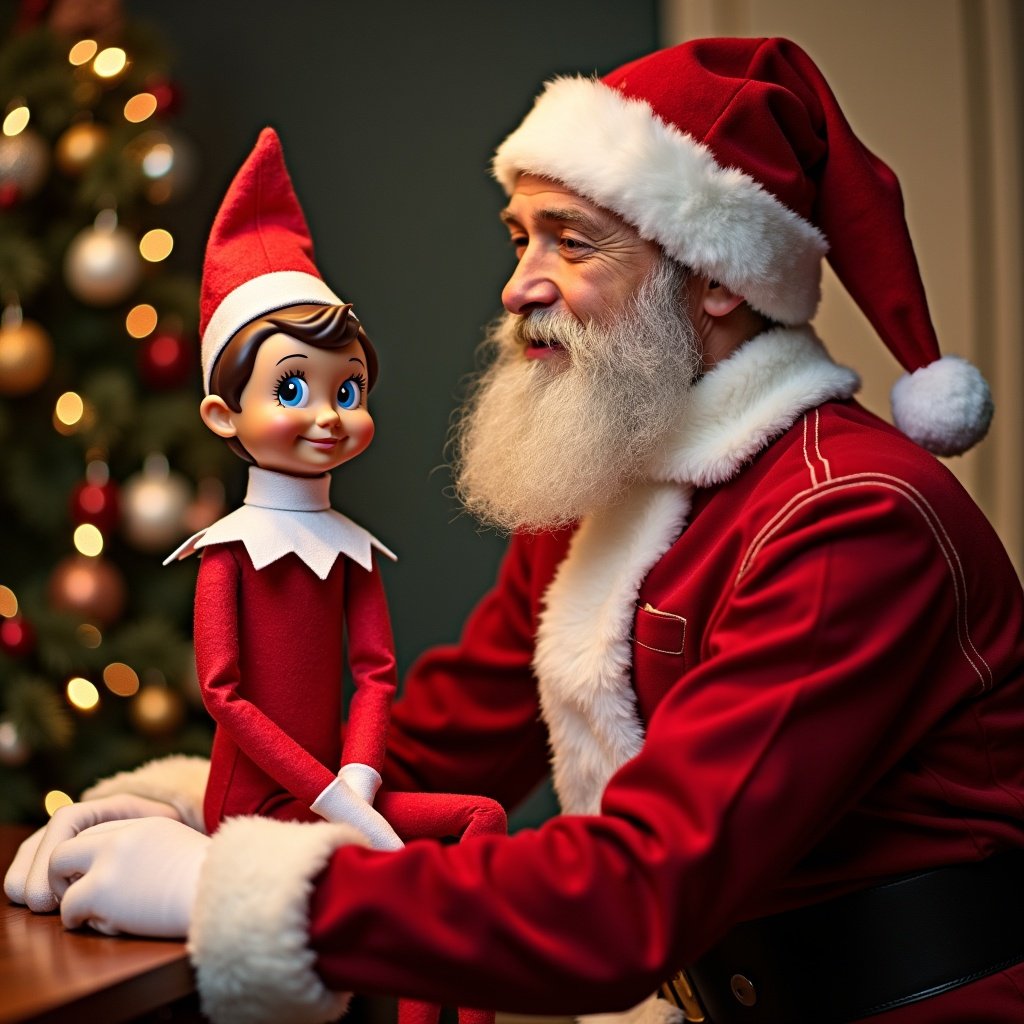 Image depicts a boy elf on the shelf sitting next to Santa Claus. Santa is dressed in his traditional red outfit. Both figures embody the festive spirit of Christmas. The background features Christmas decorations, including a tree.