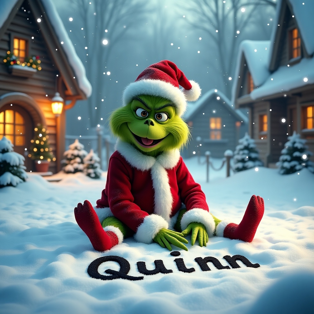 In a snowy landscape, Grinch in a red and white Christmas outfit writes name in the snow. Delicate snowflakes fall around him. Cottages with warm lights surround him. Scene captures creativity and holiday spirit.