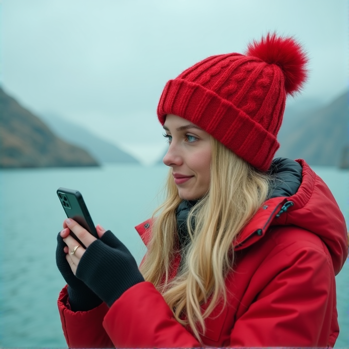 A woman in a red coat and hat is using her smartphone by a scenic lake, surrounded by snowy mountains.