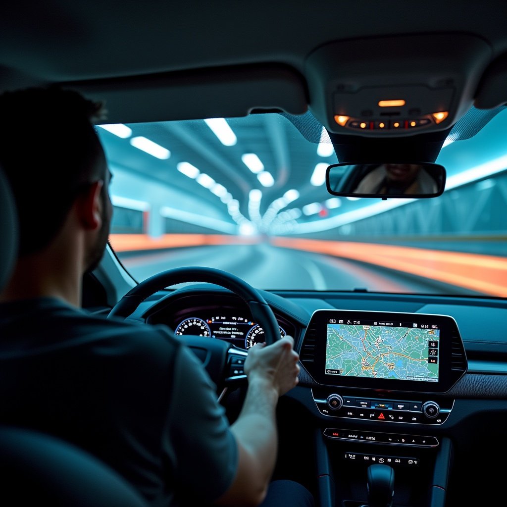 Interior view of a person driving a car through a futuristic tunnel. High-tech dashboard displays digital maps. Focus is on the driver's hands and the road ahead.