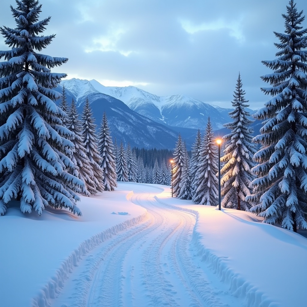 Serene winter landscape features snow-covered trees and distant mountains. Winding path leads through snow, hinting at adventure. Tranquil scene with soft overcast light casting gentle glow. Foreground shows clear tyre tracks, suggesting previous visitors. Picture evokes feelings of peace and beauty of nature in winter.