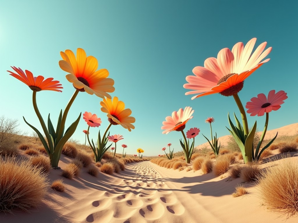 Giant flowers in a desert landscape with small dunes and a clear blue sky.