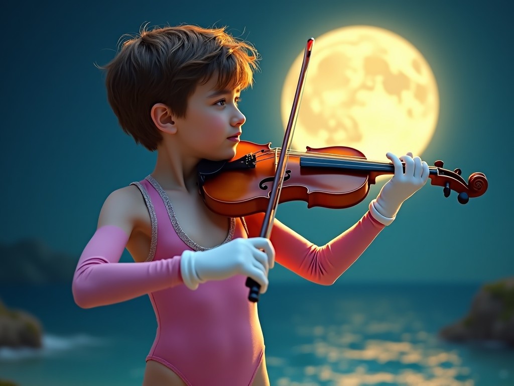 An 11 year old boy stands beside a beautiful moonlit ocean, wearing shiny dark lilac tights and a pink one-piece swimsuit with long sleeves. He is gracefully playing the violin, showcasing his talent. His outfit is complemented by stretchy white gloves that add elegance. The scene captures both the serenity of the moonlight and the energy of performance. This artistic image blends gymnastics and music in a whimsical setting.