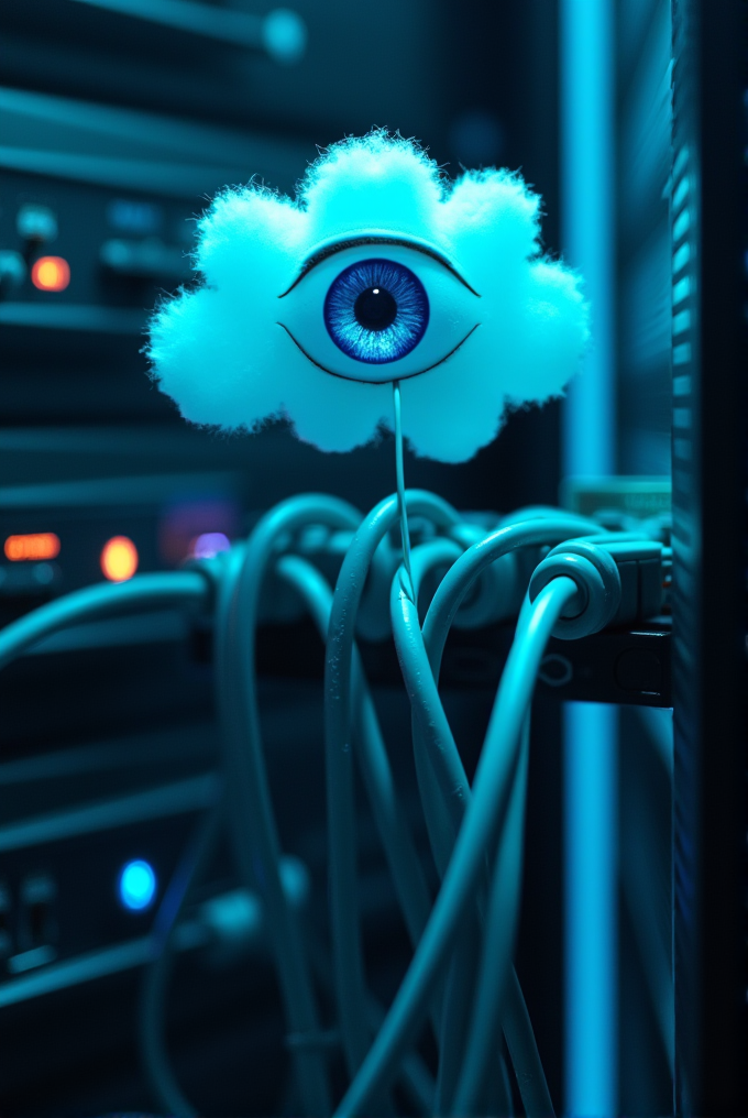 A cloud symbol with an eye is watching over network cables in a server room.