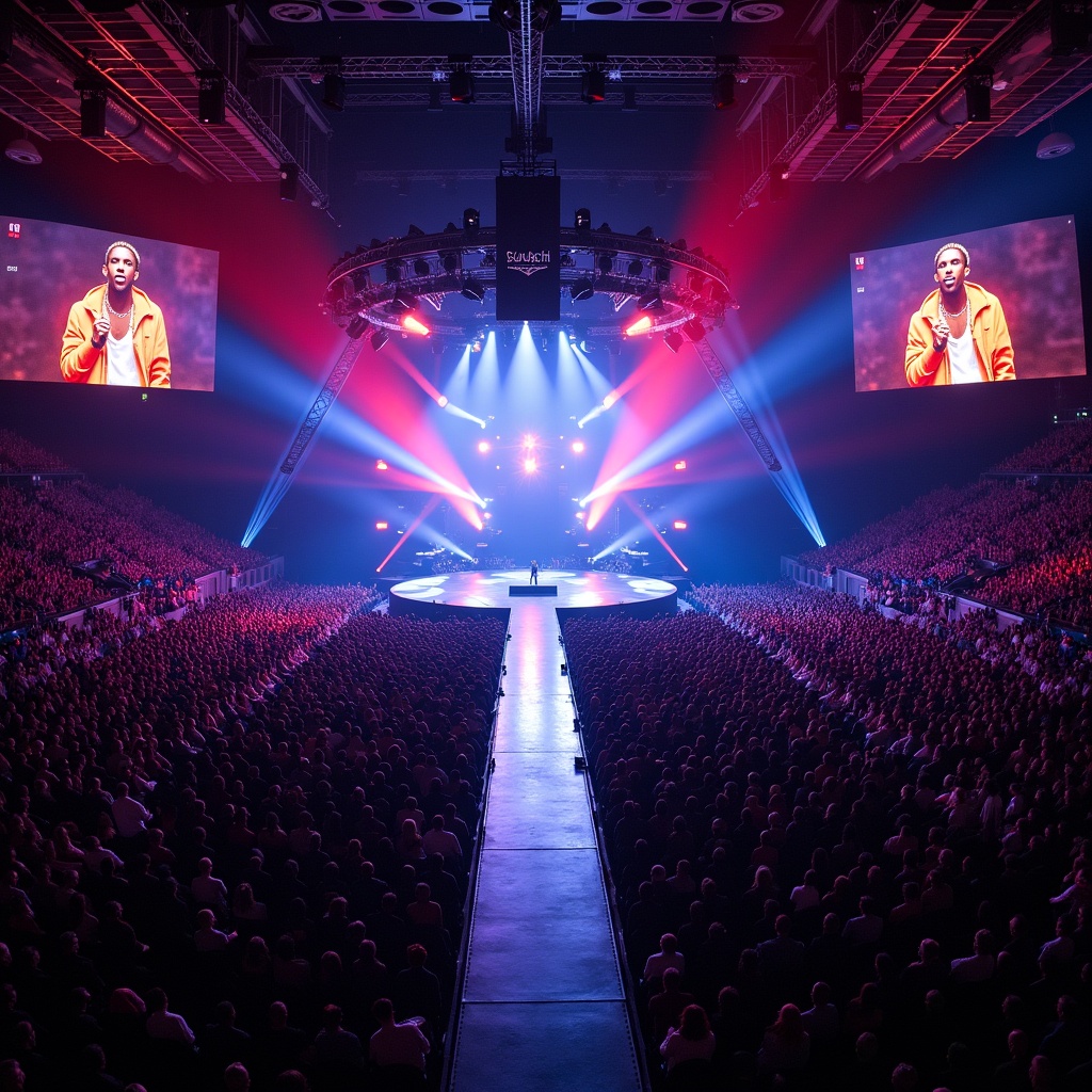 Aerial view of Roddy Rich performing at Madison Square Garden. The stage features a T-shaped runway. The crowd is large and energetic. Bright stage lights create a vibrant atmosphere.