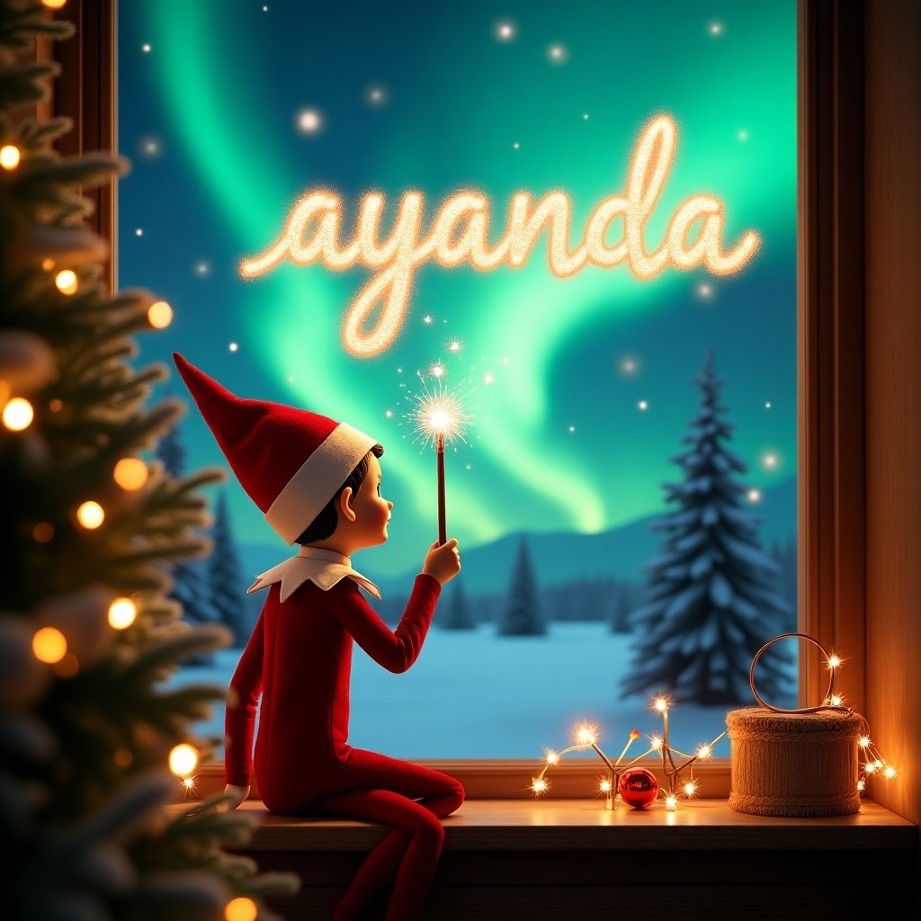 Enchanted Christmas scene with elf on the shelf. Elf wearing red and white outfit. Breathtaking northern lights in the background. Elf holding a magic wand. Writing 'ayanda' in sparkling letters. Lush Christmas tree decorated with lights.