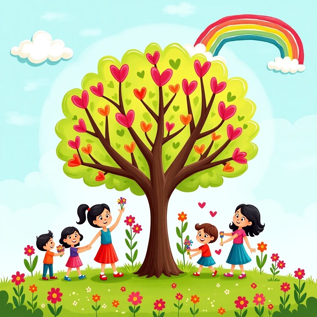 Child-friendly hand-drawn style artwork of a magical tree. Tree has colorful heart-shaped leaves. Surrounding happy children and adults. Activities like sharing food and giving hugs. Cheerful blue sky with rainbow and clouds. Grassy ground with bright flowers. Charming cartoonish style.