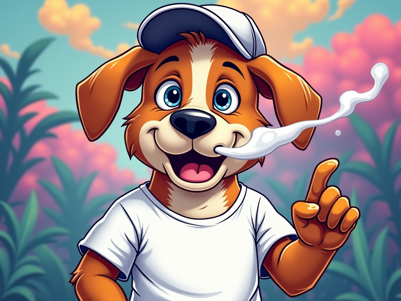 A playful cartoon dog wearing a white T-shirt and a cap, casually smoking. The dog's expression is relaxed and confident, adding a humorous touch. The background features vibrant colors and patterns, highlighting the meme token theme. The scene exudes a fun, laid-back vibe, appealing to fans of meme culture. The overall composition creates a light-hearted representation of the crypto community.