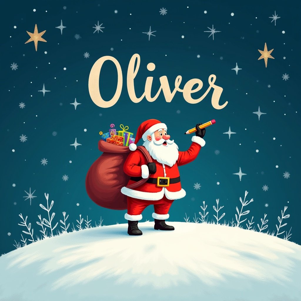 Santa Claus stands on snowy hill under starry night. He is writing names in the sky with a pencil. He is dressed in red and white. A large sack of gifts is on his back. The name 'Oliver' is displayed in a whimsical font.