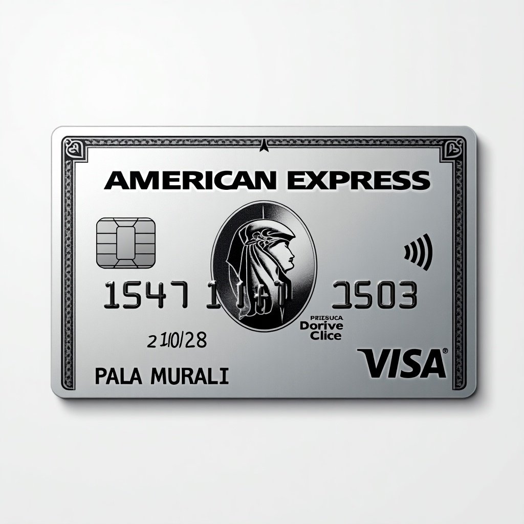 Realistic image of a platinum American Express credit card. Prominent Visa logo displayed. Cardholder name Pala Murali and expiry date visible. Silver background enhances modern elegance. Bold black font adds sophistication.