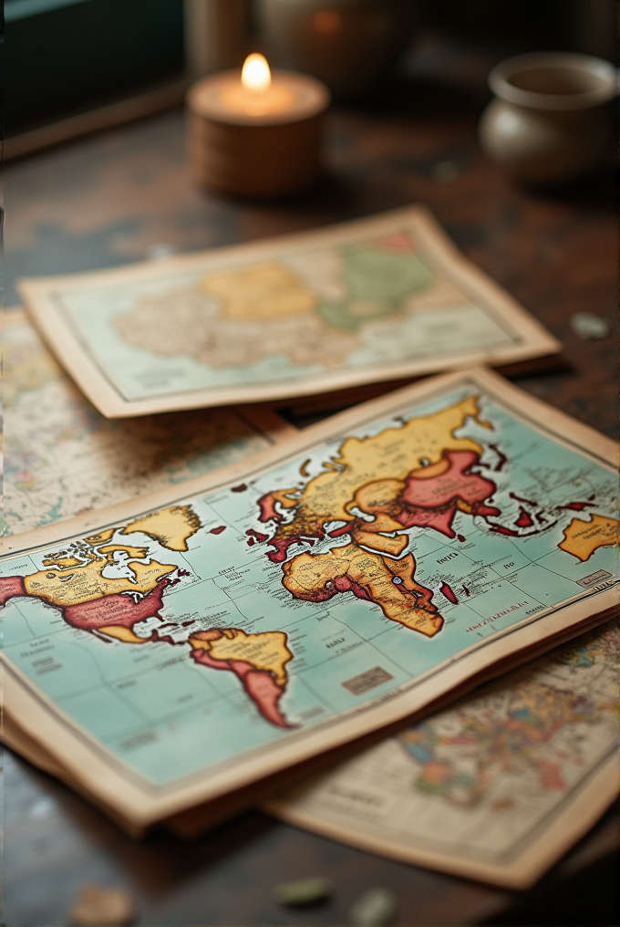 A vintage-style world map on a wooden table, softly lit by a burning candle.