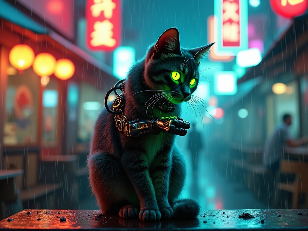 A cyberpunk style cat with glowing green eyes and a futuristic accessory around its neck, sitting in a rainy neon-lit street resembling a bustling Asian cityscape at night.