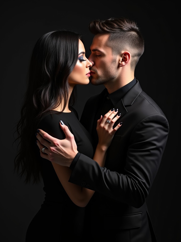 A close-up photograph of a couple embracing. The woman has long dark hair styled with dramatic makeup. The man has short hair and a rugged appearance. Both wear elegant black outfits. The scene conveys intimacy and sophistication.